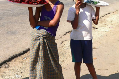 Myanmar, Pyay, Unterwegs werden Wachteln zum Verkauf angeboten