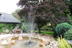 Teich mit Springbrunnen und Blick in den vorderen Garten